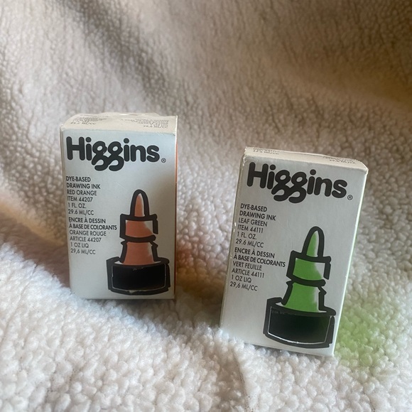 Higgins Red Orange & Leaf Green Dye Drawing Ink Paint 1oz each - Picture 3 of 6